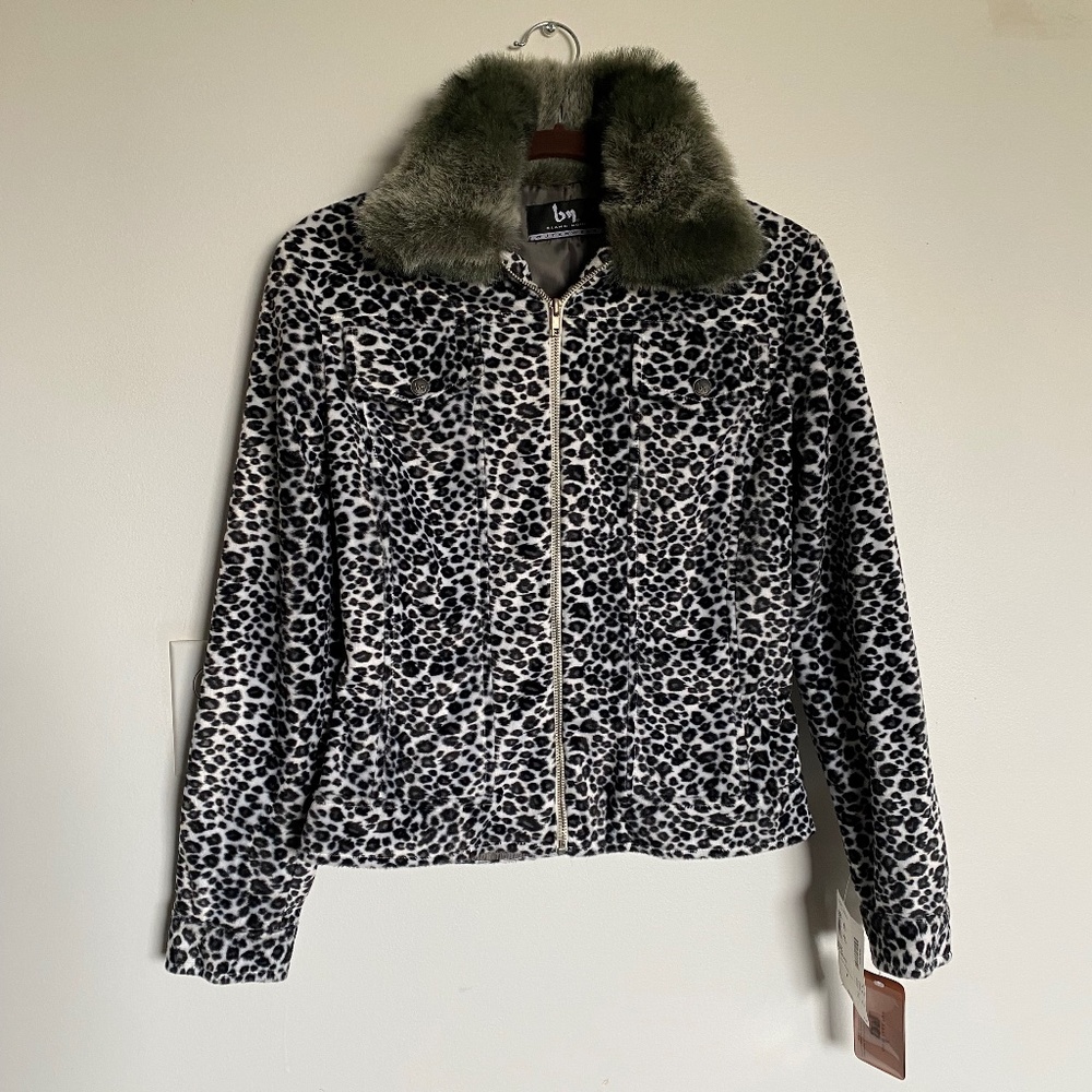NWT BLACK NOIR Outerwear Women’s M Jacket Black White Leopard Faux Fur